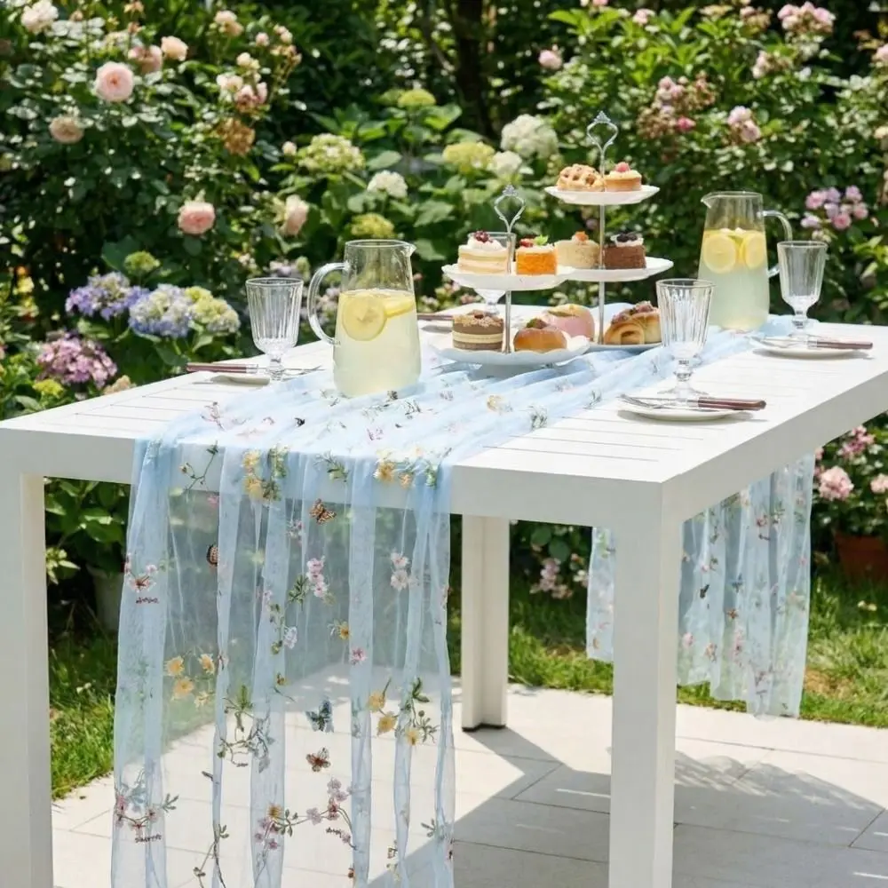 French Vintage Embroidered Floral Table Runner Romantic Semi-Transparent Wrinkled Table Runner Fresh Color Dining Table Decor