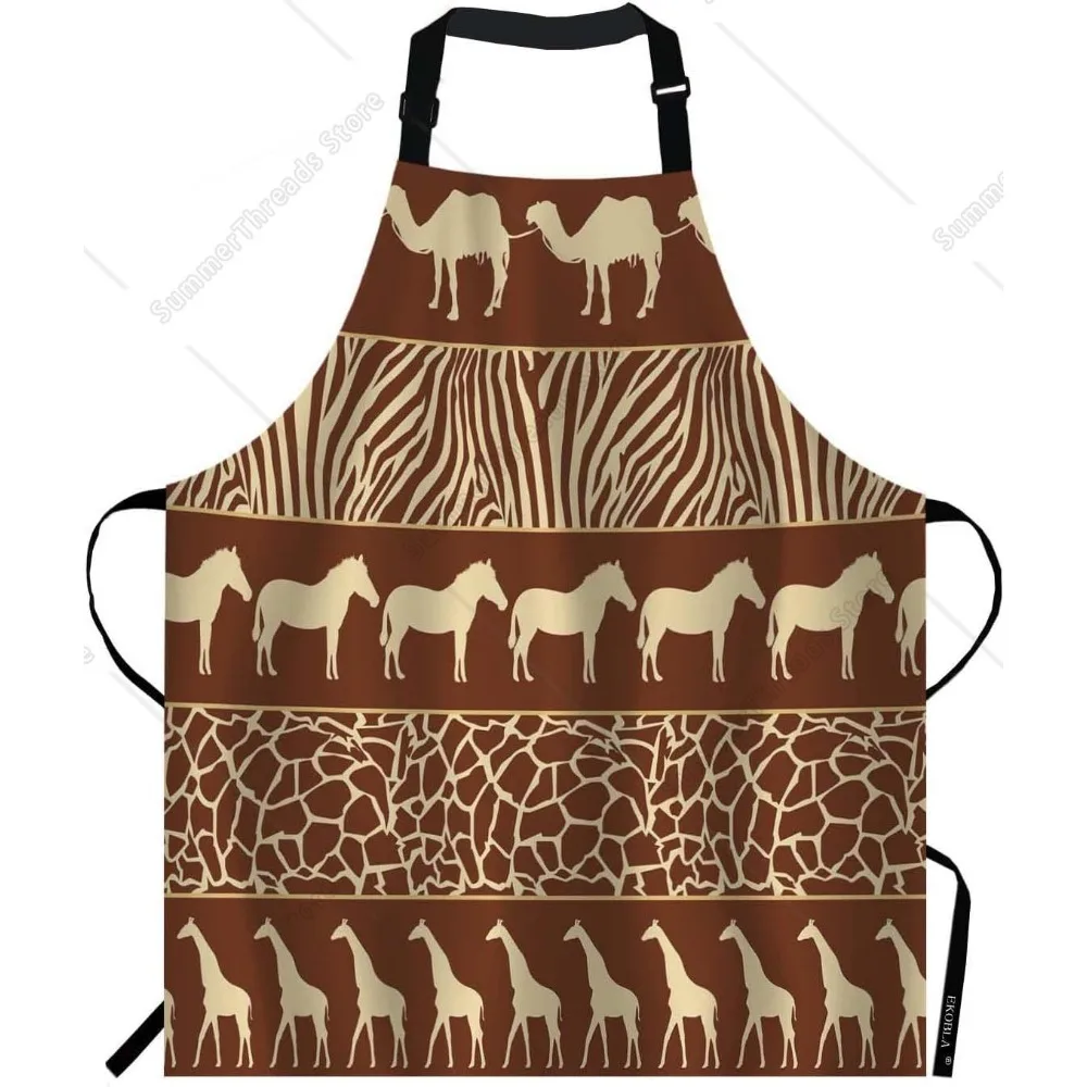 

Animals Aprons Wild African Style Camel Zebra Giraffe Mural Horse Artwork Brown Waterproof Resistant Chef Cooking Kitchen