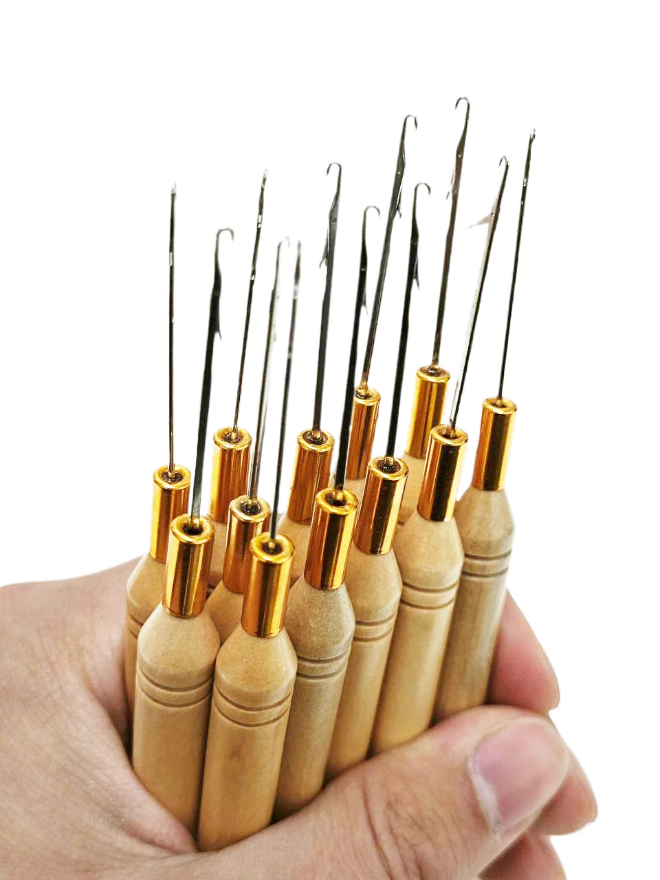 12pcs/packs Loop Hook Needles Wooden Handle Hook Hair Threader for Micro Ring Beads Hair Cold Fusion Hair Extensions