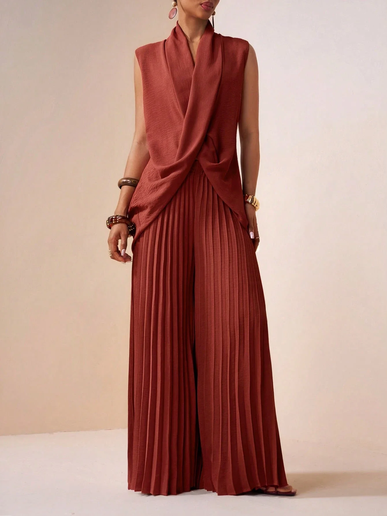 

Sleeveless V-Neck Crossover Top + Pleated Wide Leg Pants Set Women Brick Red Casual Boho Vacation Outfit