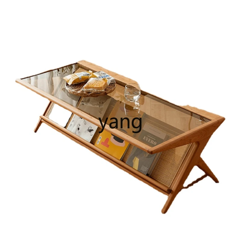 

CX Solid Wood Rattan Woven Living Room Home Coffee Table Small Apartment Rectangular Retro Glass Table