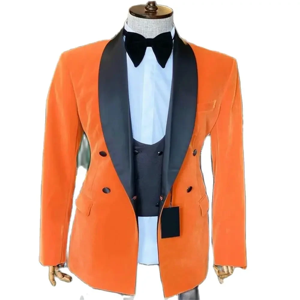 

Orange Men Suits Black Lapel Costume Homme Wedding Groom Tuxedos Terno Masculino Slim Fit Prom Blazer 3 Pcs Jacket+Pant+Vest