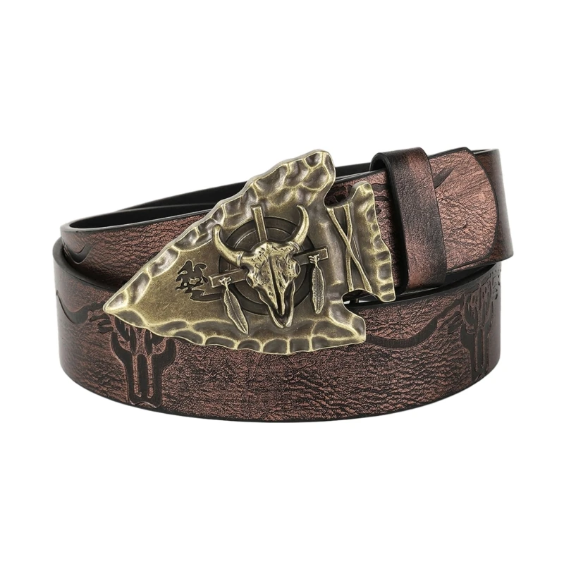 Adult Waist Belt with Relief Bull Head Buckle Embossed Pattern Waist Belt for Men PU Wear-Resistant Belt