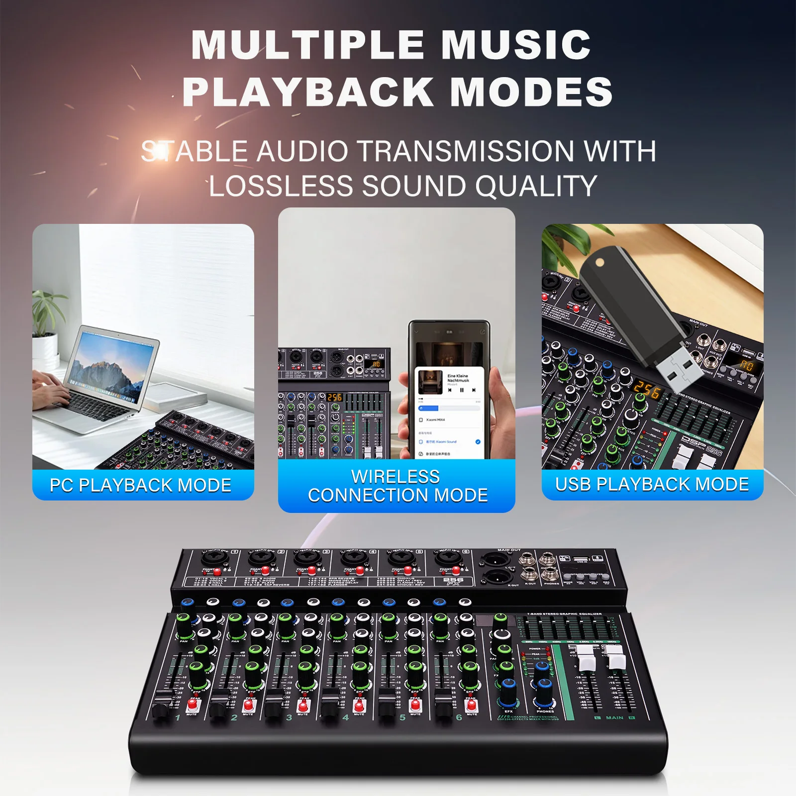 4/6 Channel Audio Interface Mixing Console 256-Bit DSP DJ Mixer Audio Reverb Effect+48V Phantom Bluetooth Audio Mixer