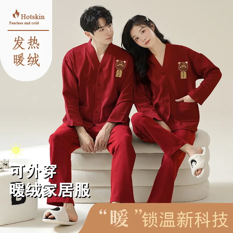 Winter Couple Pajamas Women\'s Thin velvet Warm Red new year suit Kimono Festive Newlywed men\'s loungewear pijamas para parejas
