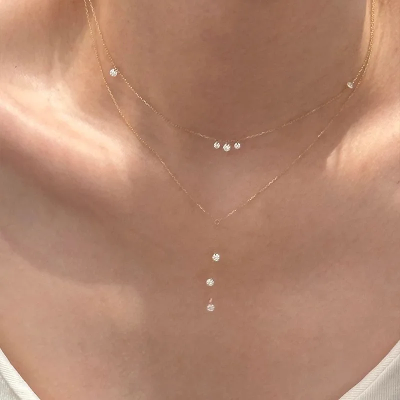 New 925 Sterling Silver Sparkling Zircon Necklace Long Double Layer Collarbone Chain Wedding Jewelry Accessories