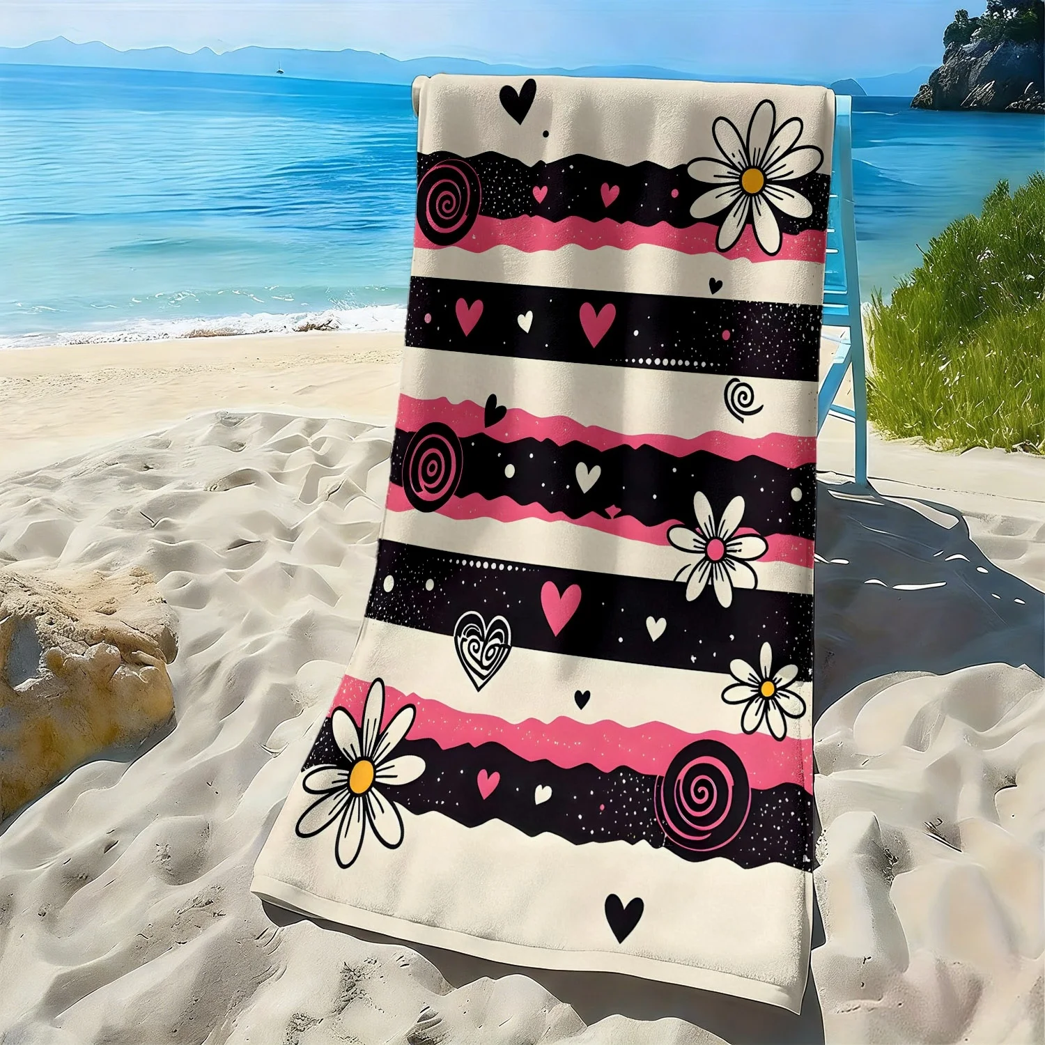 

Пляжное полотенце из полиэфирного микроволокна с мультяшным полосатым цветочным узором в виде сердечек, разноцветное, высокоабсорбирующее, подходит для плавания и пляжных прогулок.