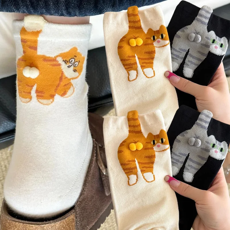 3 pares nova moda dos desenhos animados meias de gato preto branco engraçado gato tripulação meia com bolas feminino adorável casual 3d meias algodão macio
