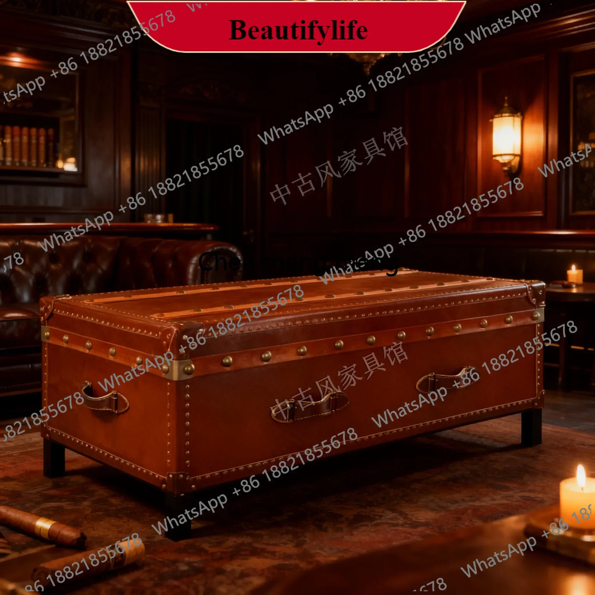 z0189  Medieval retro leather coffee table square storage box metal rivet decoration wood oil wax leather coffee table