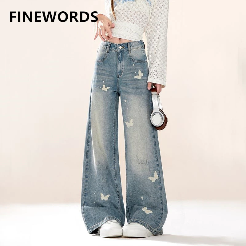 FINEWORDS High Waist Vintage Wide Leg Jeans For Women Butterfly Print Baggy Denim Trousers Y2K Streetwear Fashion Loose Fit Pant