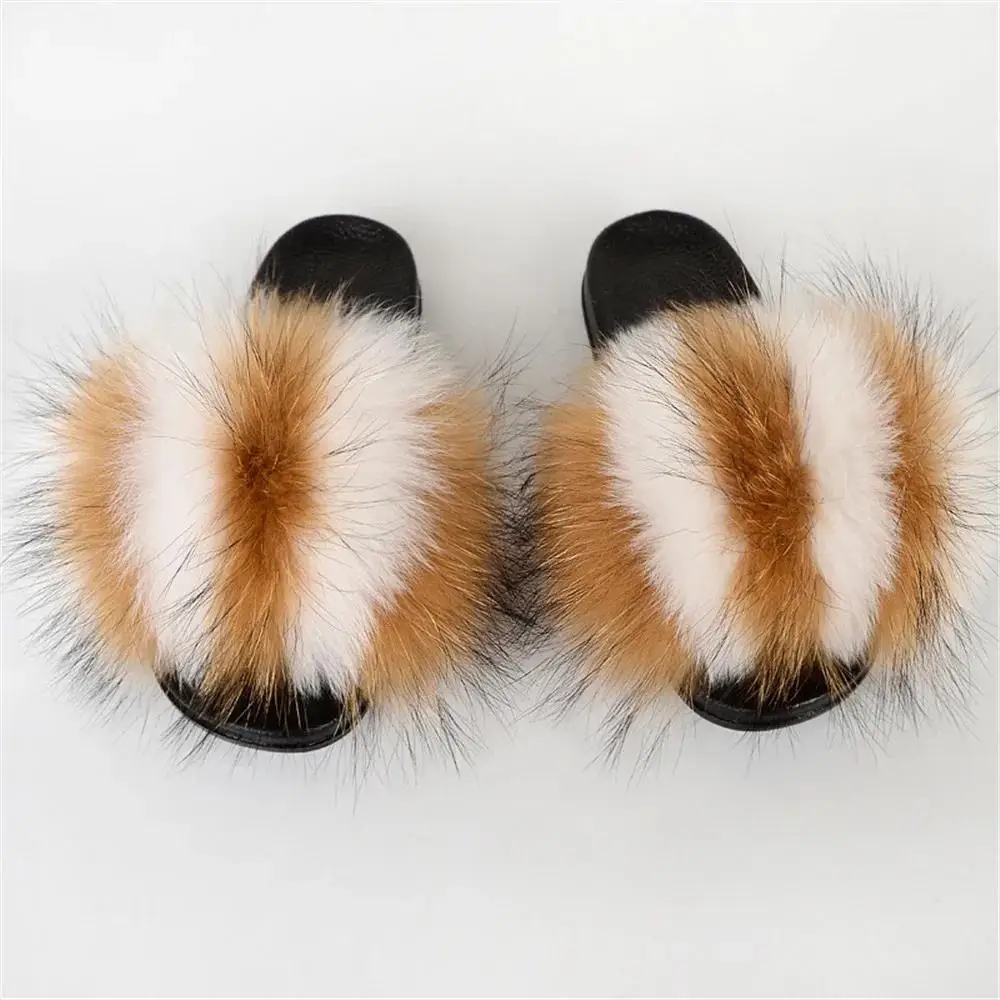 100% real fox fur slippers ladies summer fashion simple cute indoor non-slip fluffy new flower type fox fur slippers