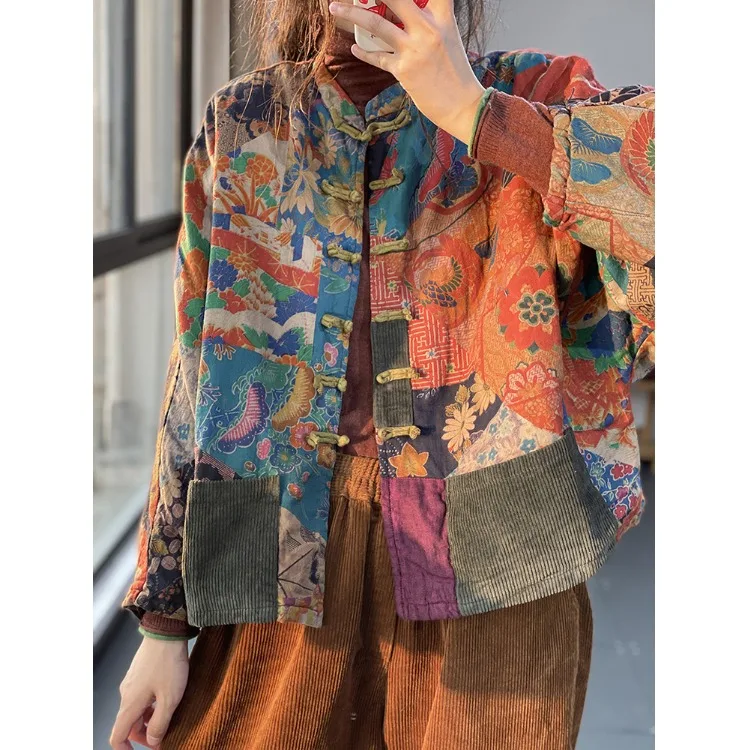 Cappotto da donna di fascia alta con stampa retrò Jaet Autunno Inverno Cotone Lino Velluto a coste Cinese Sle Button Cappotto in cotone Vestibilità ampia Lungo Sve