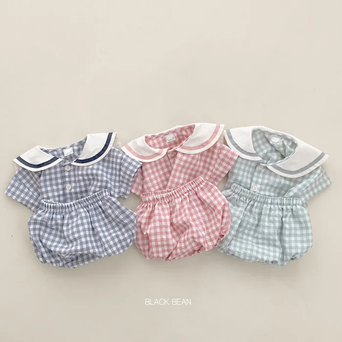 

Korean Grid Rompers Set Summer College Style Cute Collared Short Sleeved Bread Pants Set Kids Clothes
