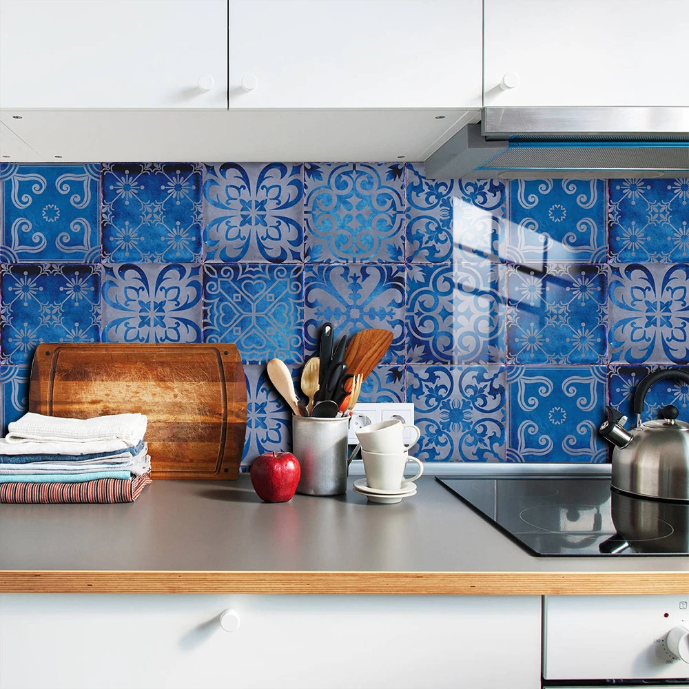 10pcs/set Dream Blue Tile Sticker Kitchen Backsplash Oil-proof Bathroom Waterproof Home Decor Wall Decals Peel & Stick Art Mural view 2