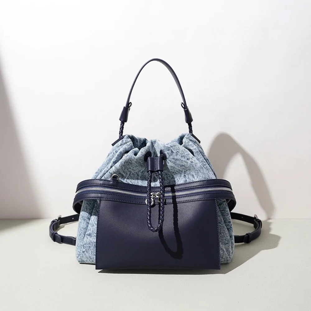 Denim Splicing Leather Backpack Handbag Women's Niche High-end Sense Versatile Large-capacity High-value Texture Unique Fashion