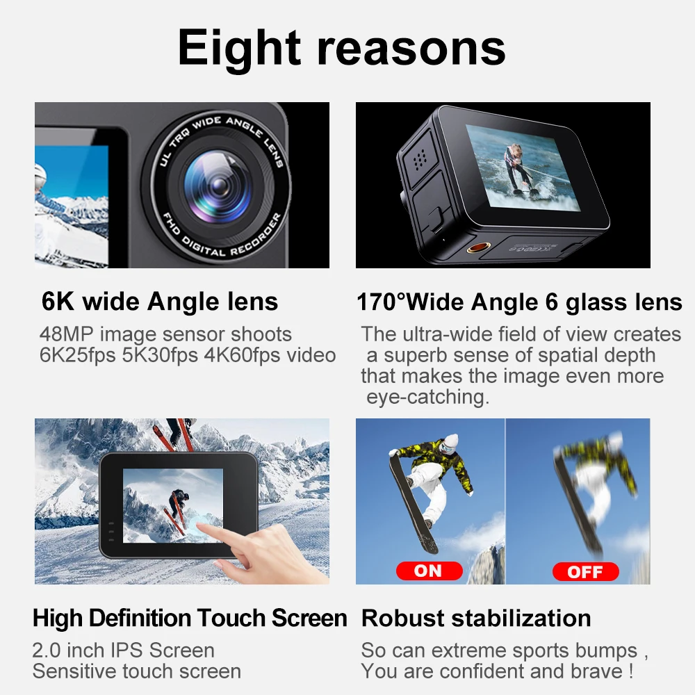 6K Action Camera Sony IMX576 Lens EIS 8X Zoom 48MP WiFi Dual Screen 20M Bare Metal Waterproof Sport Camera Sports DV Portability