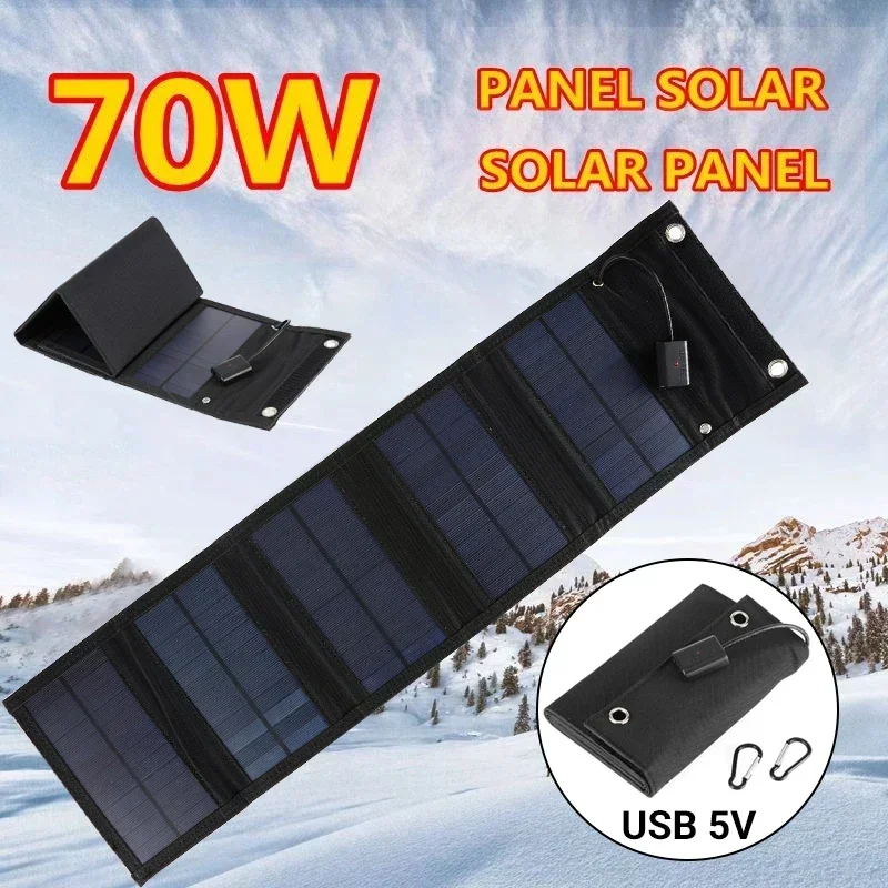 70W Foldable Solar Panel 5V USB Portable Battery Charger for Cell Phone Outdoor Waterproof Power Bank for Camping Accessories