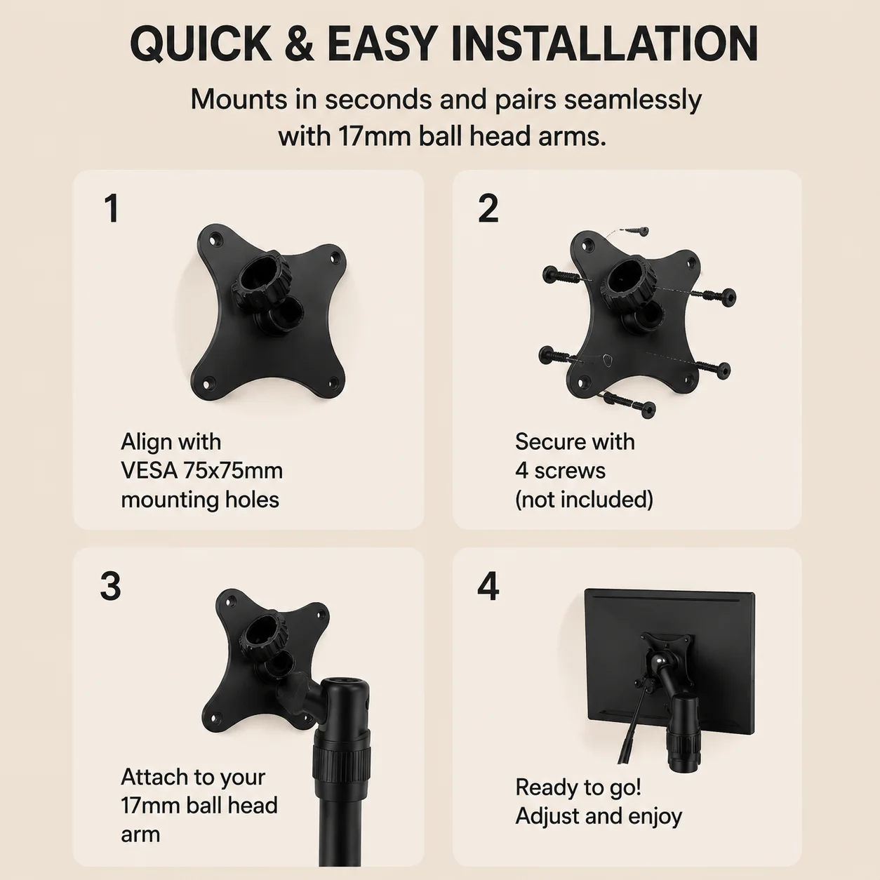 Portable Monitor Holder Vesa75 Hole Pitch Ball Head Adapter Free Angle Adjustment Stable Support TV Stand Interface