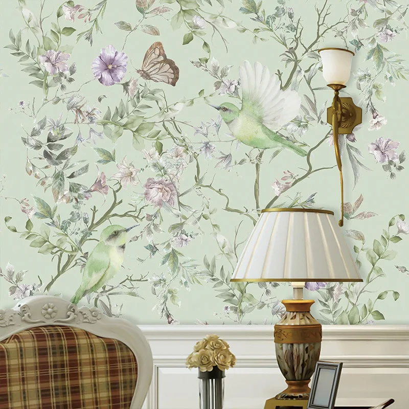Sage Green Bird Floral Self Adhesive Wallpaper Vintage Watercolor Butterfly Peel Stick Contact Paper for Girls Room Living Room