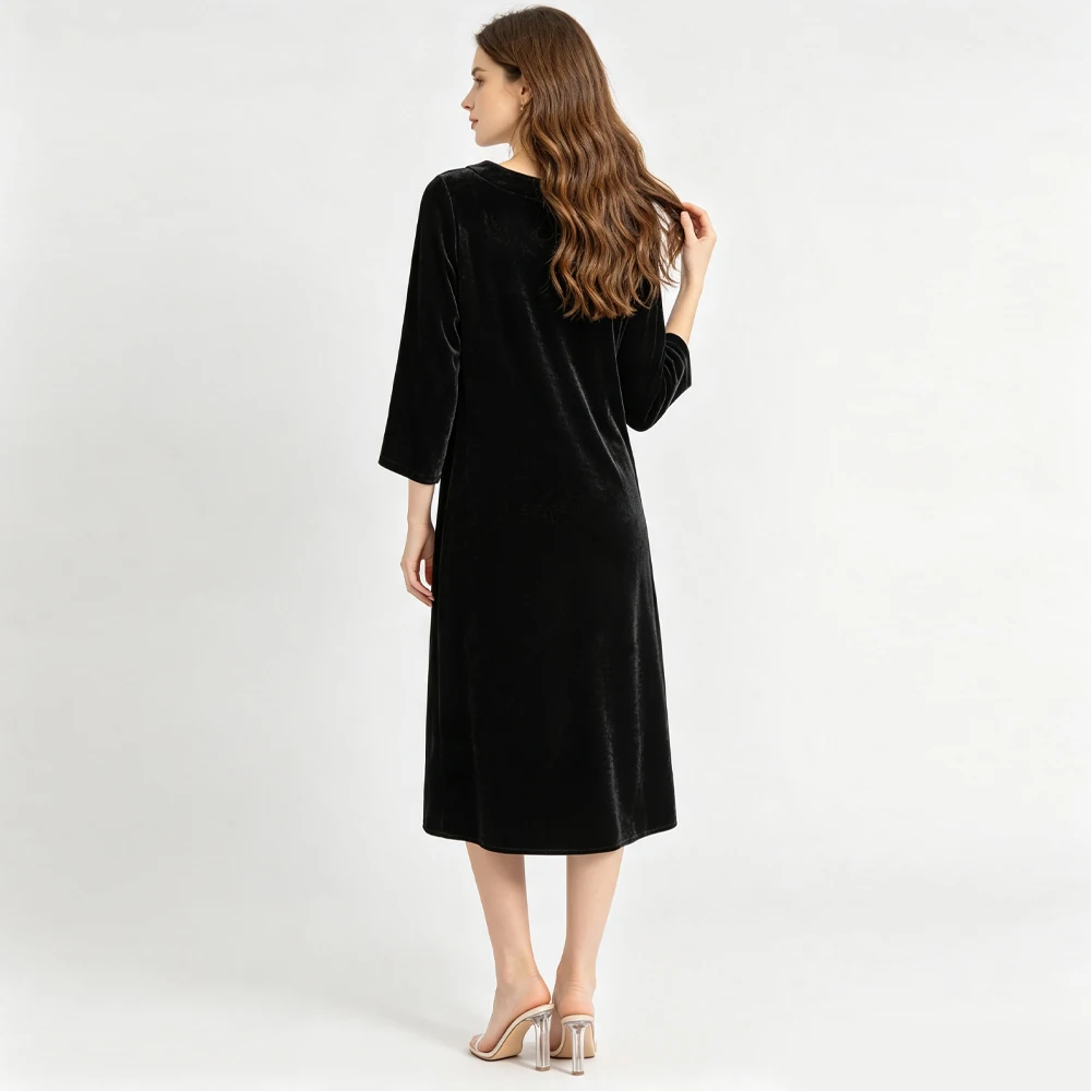 2026 Women's Fashion Autumn New 30% Natural Mulberry Silk Velvet Black Temperament Light Luxury V-neck Versatile Dress