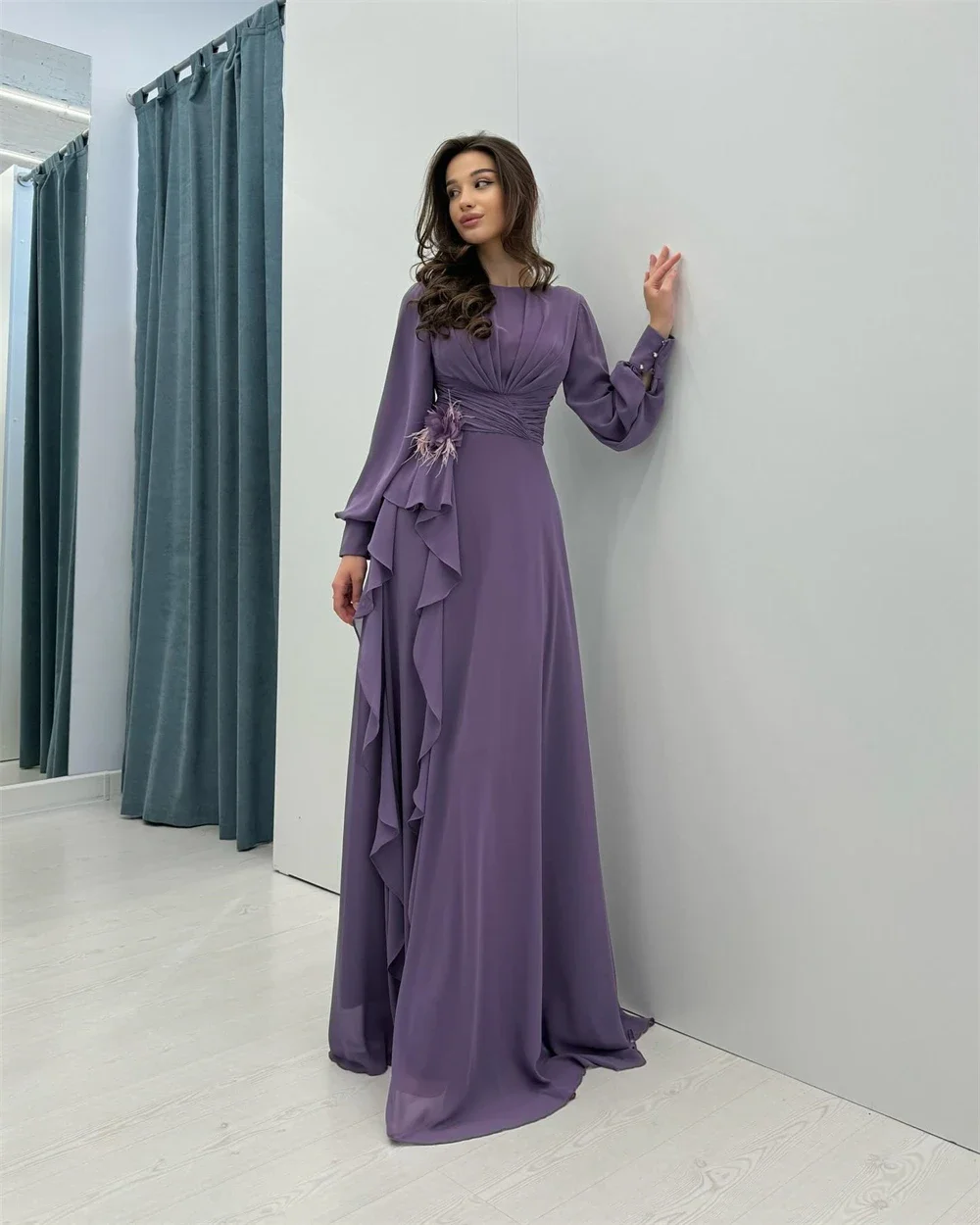 Saudi Arabia Formal Evening Gown Jewel A-line Floor Length 3D Flower Skirts Ribbon Vertically Bespoke Occasion Dresses Prom Dr