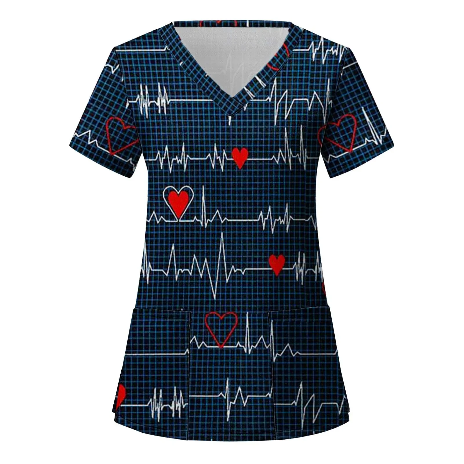 Womens Scrubs Nursing Top Cute Heart Printed Short Sleeve Neck Tops Care Working Uniform Blouse Shirt Nurse Pockets Uniforme