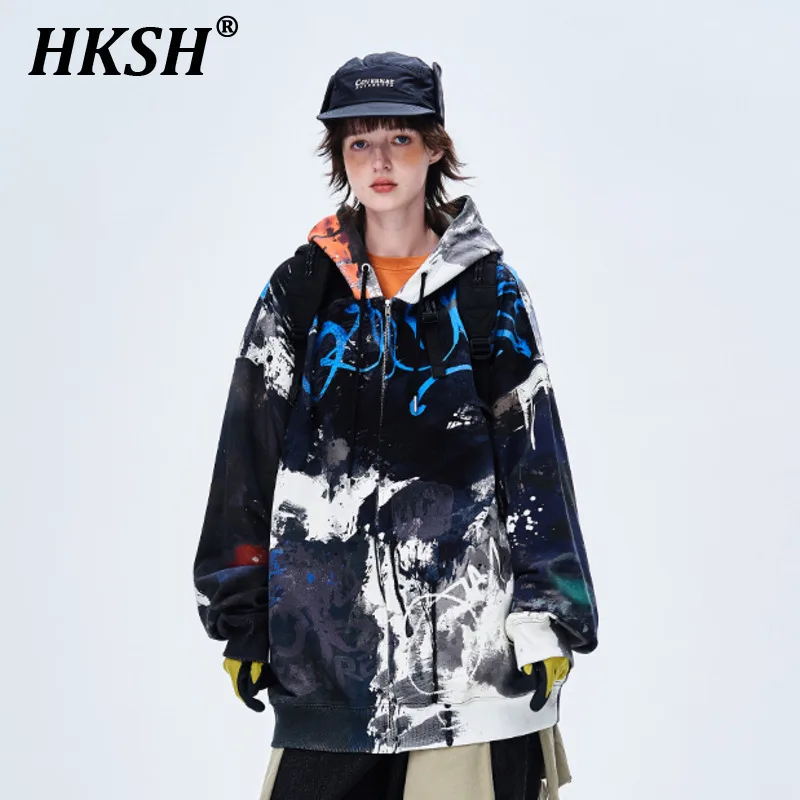 HKSH Autumn Winter New Men's Tide Punk Sweatshirt Hip Hop Graffiti Print Zipper Cardigan High Street Sweater Hooded Coats HK2384