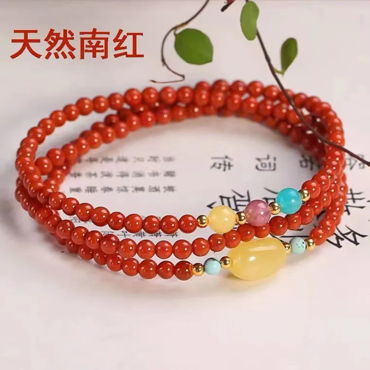 

Natural Southern Red Three-Circle Bracelet With Amber Beads, Simple Women's Birthday Gift, Elegant Jewelry HandString