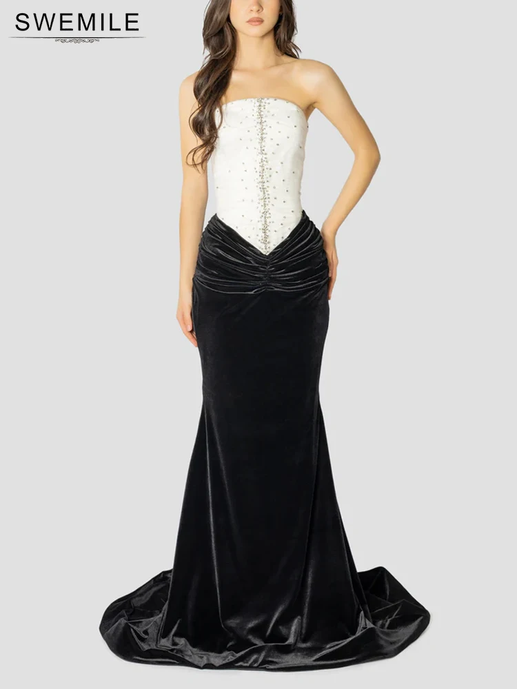 SWEMILE Abito da sera formale in cristallo con perline per donna Abito da ballo con pieghe senza spalline a sirena di lusso lungo con colori a contrasto personalizzato