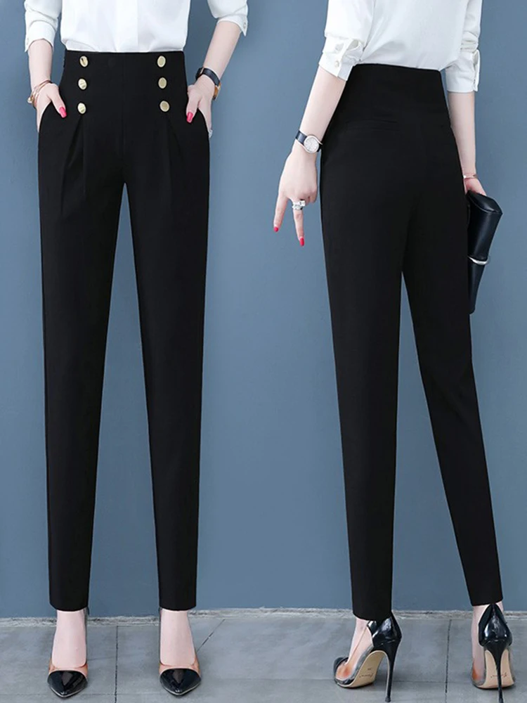 

Женские тонкие повседневные брюки-шаровары с высокой талией, прямые, свободного кроя, с манжетами, корейский стиль, черные, для похудения