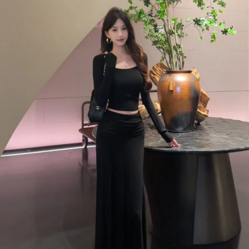 Slimming High Waist Long Sleeve Dress Set Women's Fashion Spring Autumn New Style Two Pieces Polyester Fiber Casual Style