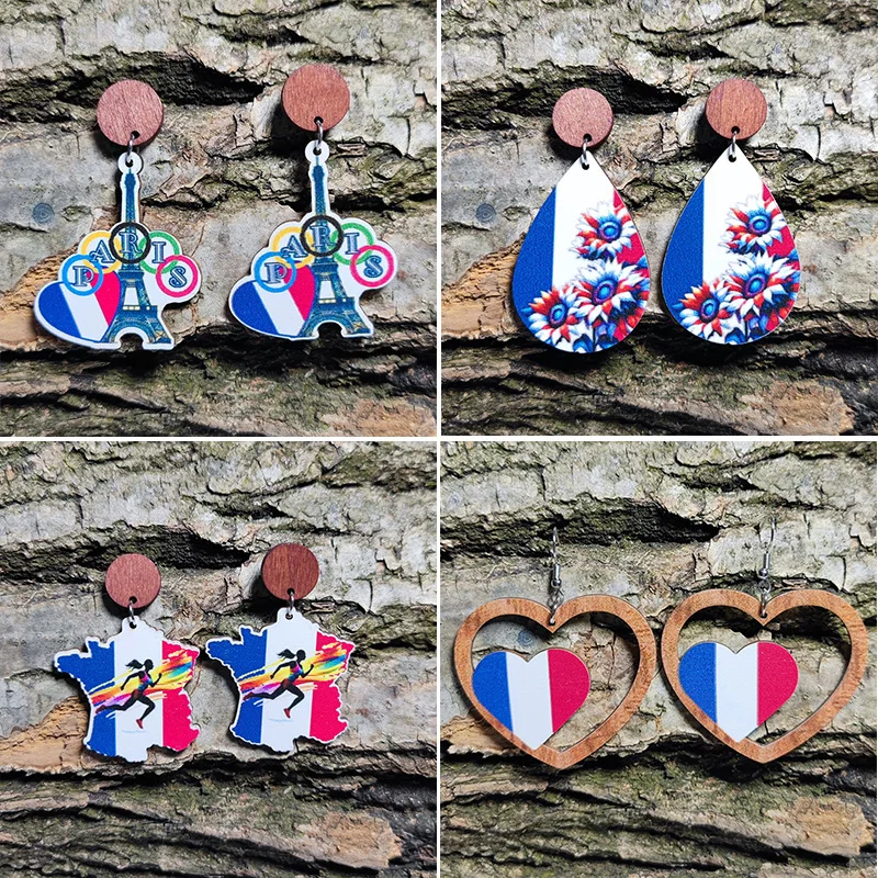 New French Sports Meeting Love Earrings French Flag Colorful Iconic Architecture Iron Tower Wooden Earrings Commemorative Gift