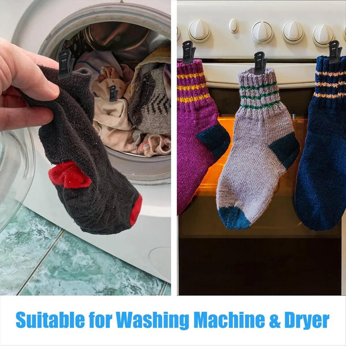 MALL 60-Pack Sock Clips for Laundry, Portable Sock Holders with Hooks for Washing Machine and Dryer