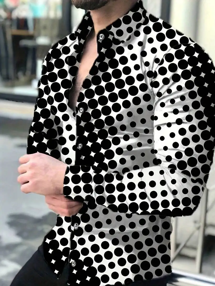 

Men's Black and White Polka Dot Print Single-Breasted Casual Long Sleeve Shirt