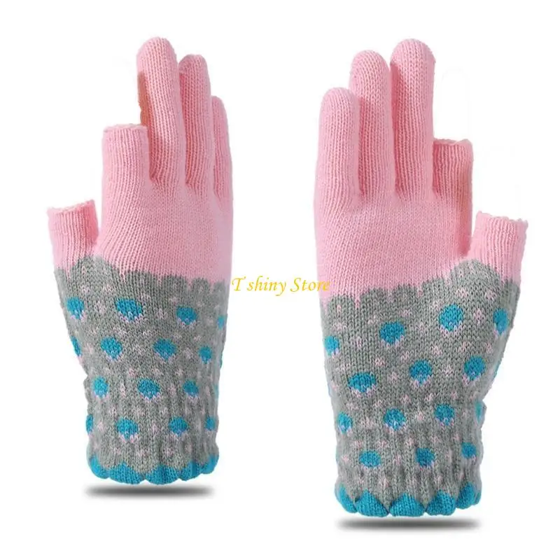 N58F Two-finger Exposed Knitted Gloves Printed Pattern Color Matching Thicken Mittens