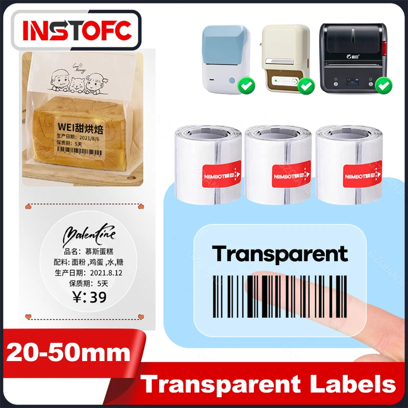 NIIMBOT B21 B1 Transparent Label Thermal Clear Name Price Notes Sticker Waterproof Barcode Tearable Tape for B3S Label Maker