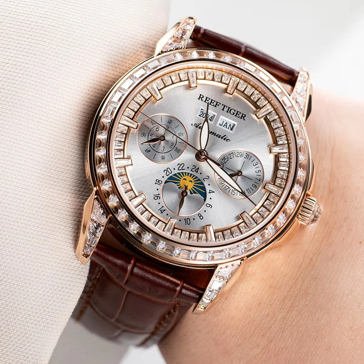 نمر الشعاب المرجانية-ساعة ميكانيكية أوتوماتيكية للرجال ، ماس ذهبي وردي ، حزام جلد بني ، أزياء أعمال متعددة الوظائف ، RT