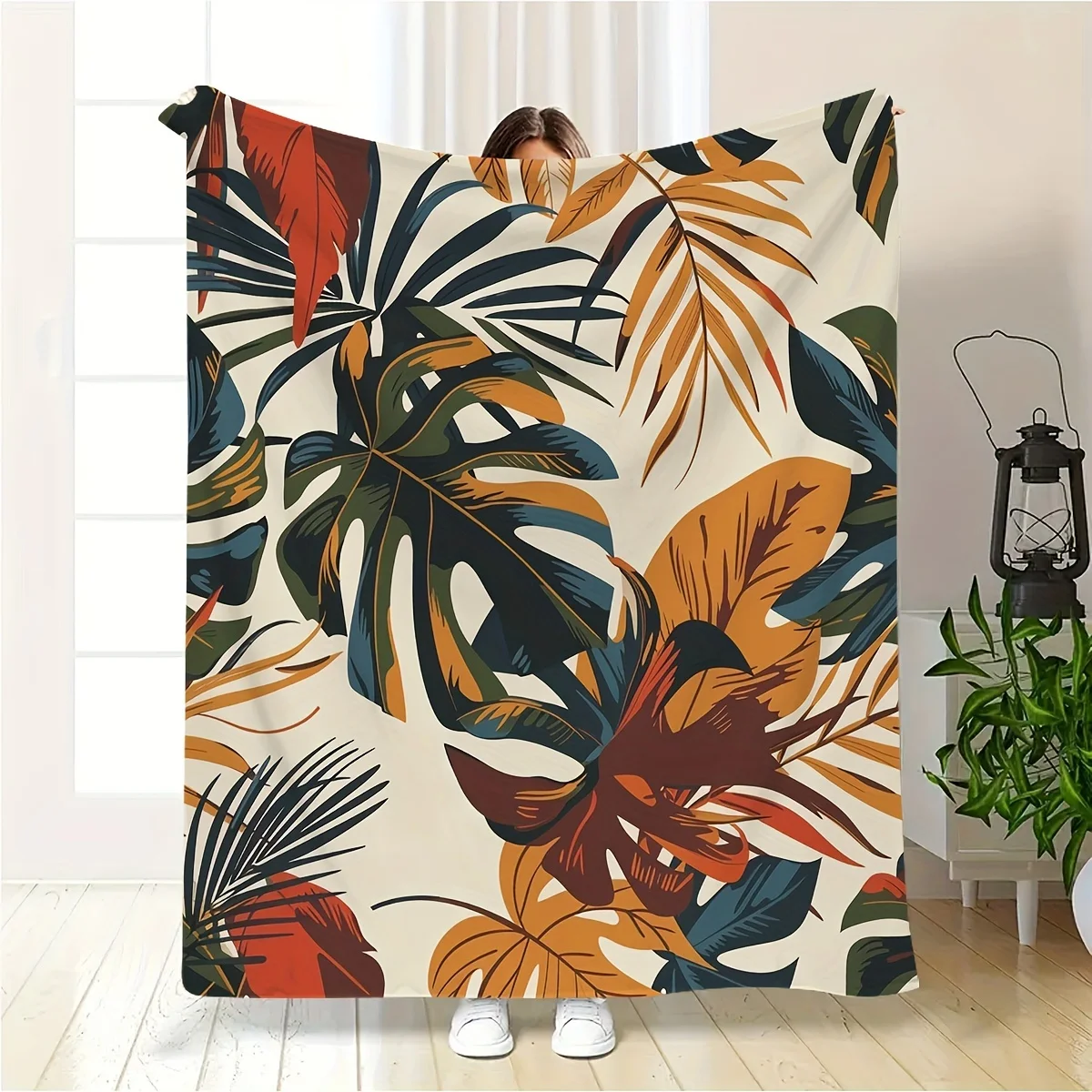 

1 Lightweight Tropical Bohemian Leaf Throw Blanket - Flannel Polyester Knit for Sofa, Bed, Travel, Camping, Living Room