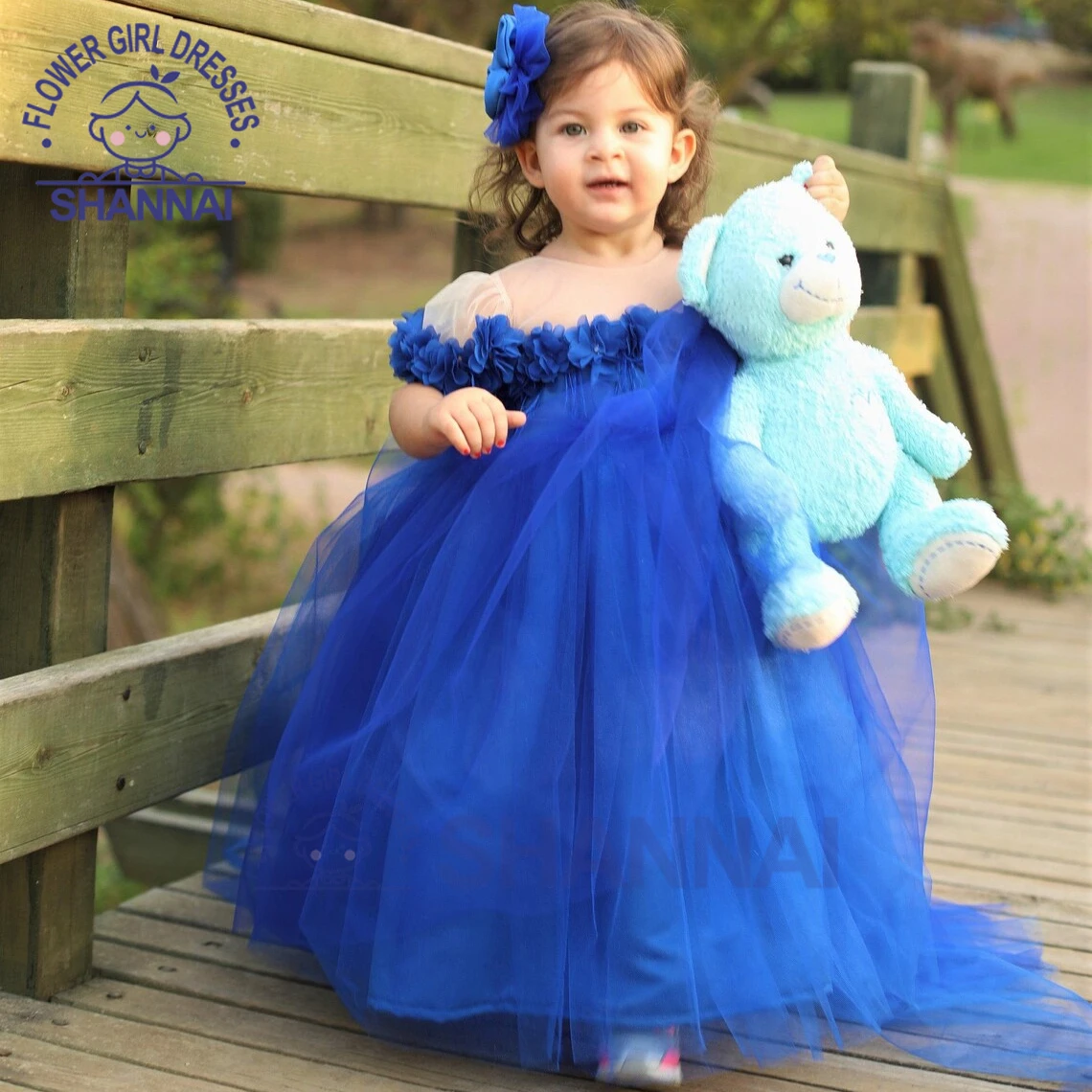 Baby Girl Dress Royal Blue Flowers Train Little Girl Birthday Party Wedding Pageant Princess Flower Girl Dresses