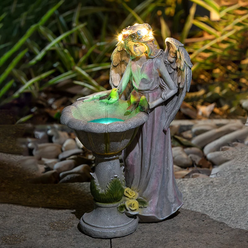 

Garden Large Statue Solar Energy Angel Sculpture Vintage Feeding Birds Girl Figurine Lamp Yard Balcony Home Decor