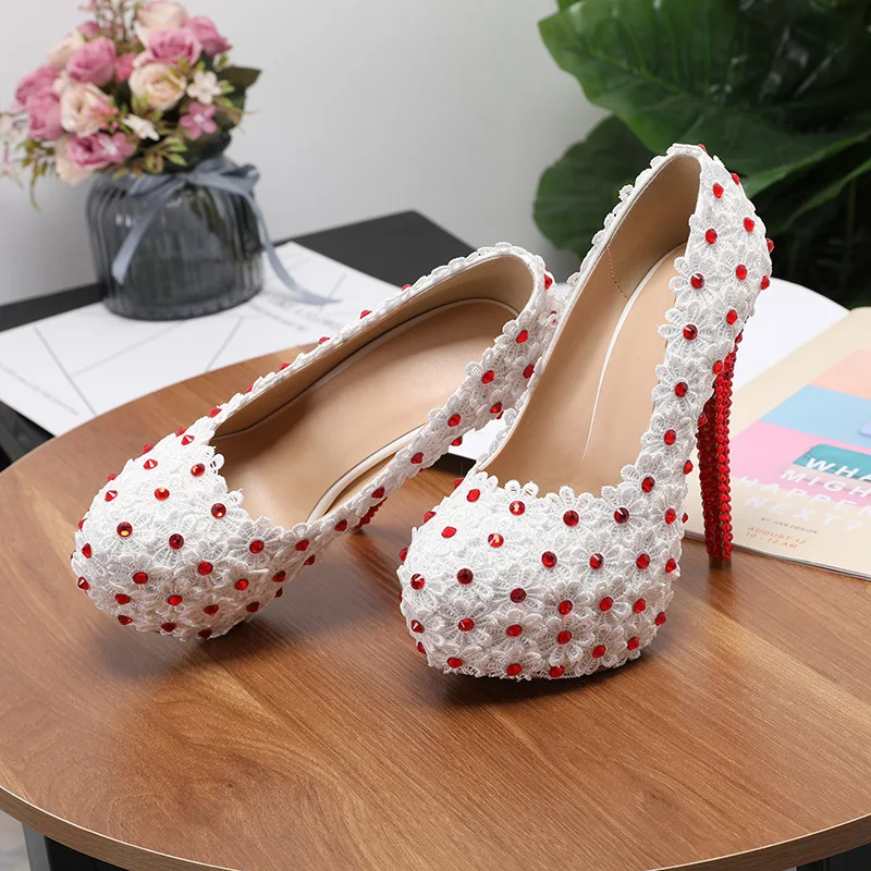 

Women's Round Toe Lace Flower Flash Diamond Stiletto High Heel Sandals Wedding Party Evening Dress Catwalk Shoes Heels For Woman