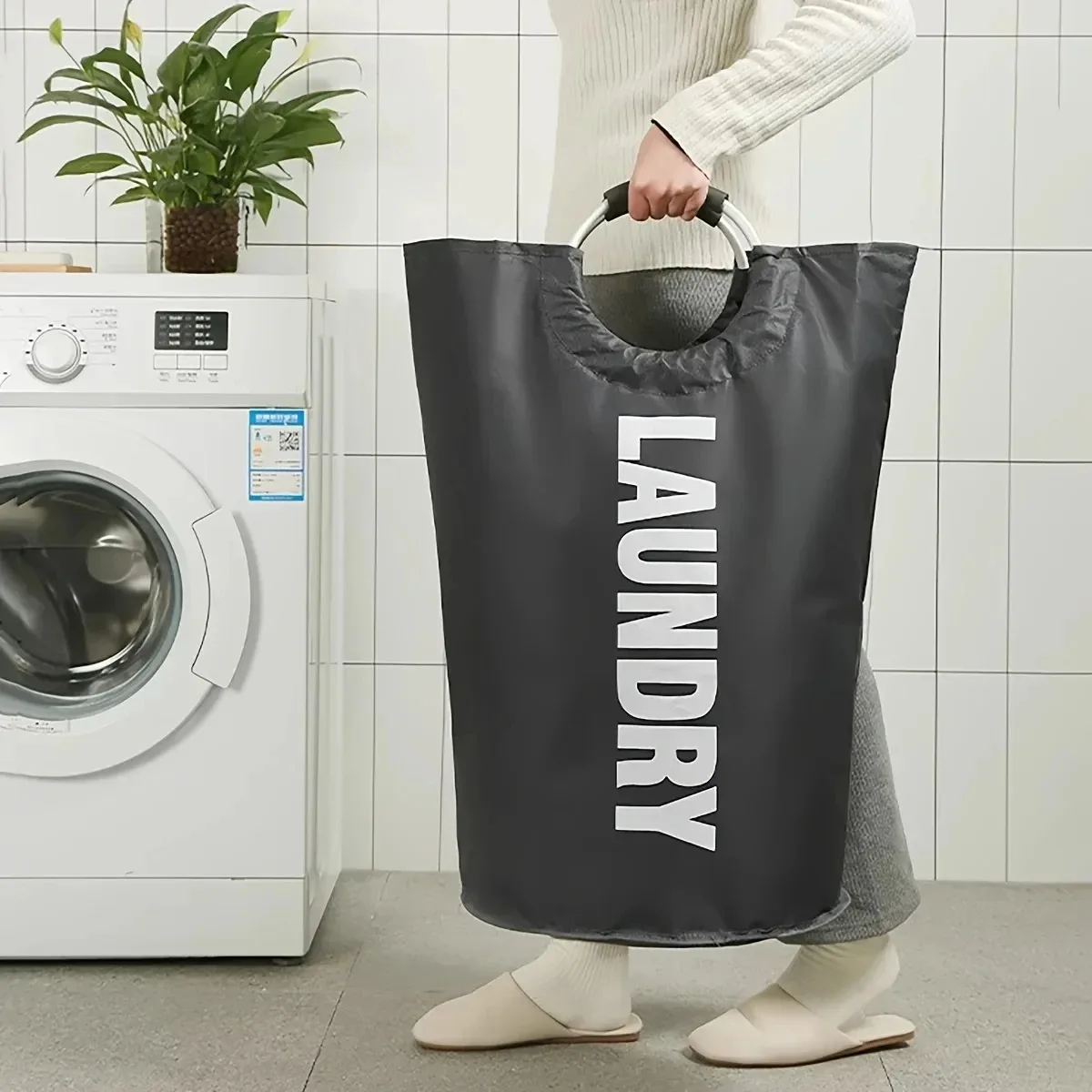 Grande saco de lavanderia de tecido oxford, cesta de roupas sujas dobrável com alças de esponja, organizador de armazenamento de brinquedos multifuncional