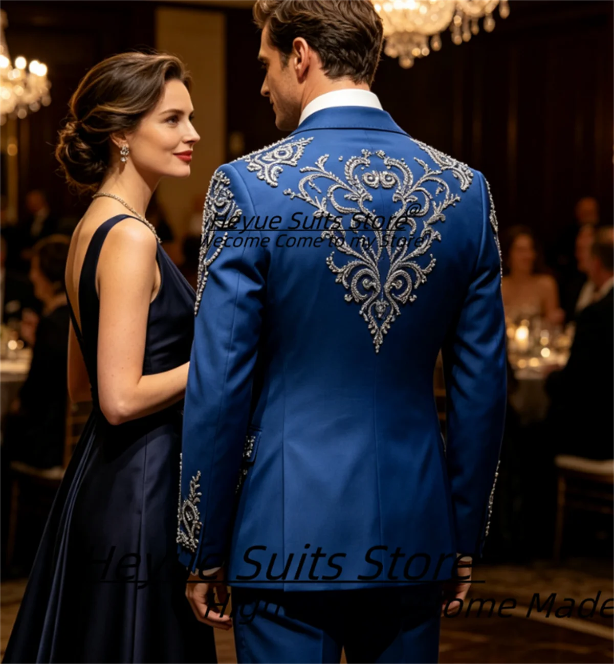 Fashion Royal Blue Men Suits Customized Shiny Rhinestone Embroidery Groom Evening Tuxedos 3 Pieces Sets Male Party Prom Blazers