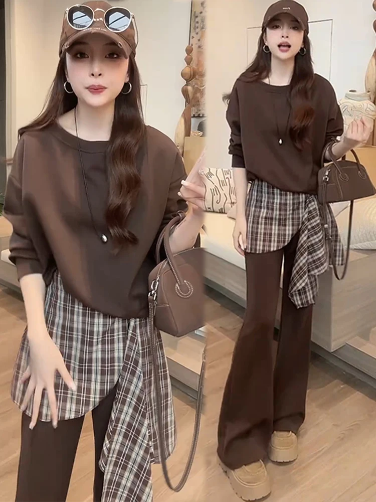 

Early Autumn Women's Casual Flared Pants And Hoodie Set High Waist Breathable Comfortable Midweight Checkered Patchwork