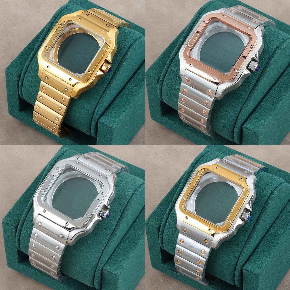 NH35 38mm Square Watch Case Solid 316L Stainless Steel 21mm Bracelet Waterproof for Santos MOD NH35 NH36 NH38 Movement 27mm Dial