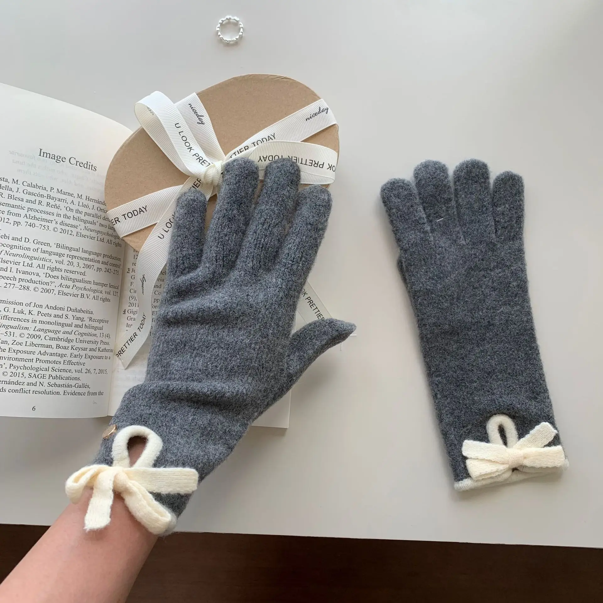 Women Wool Cute Bow Knit Touchscreen Gloves Winter Warm Fashion 2Tone Ribbed Knit Gloves Open Fingertips Christmas Gift Gloves