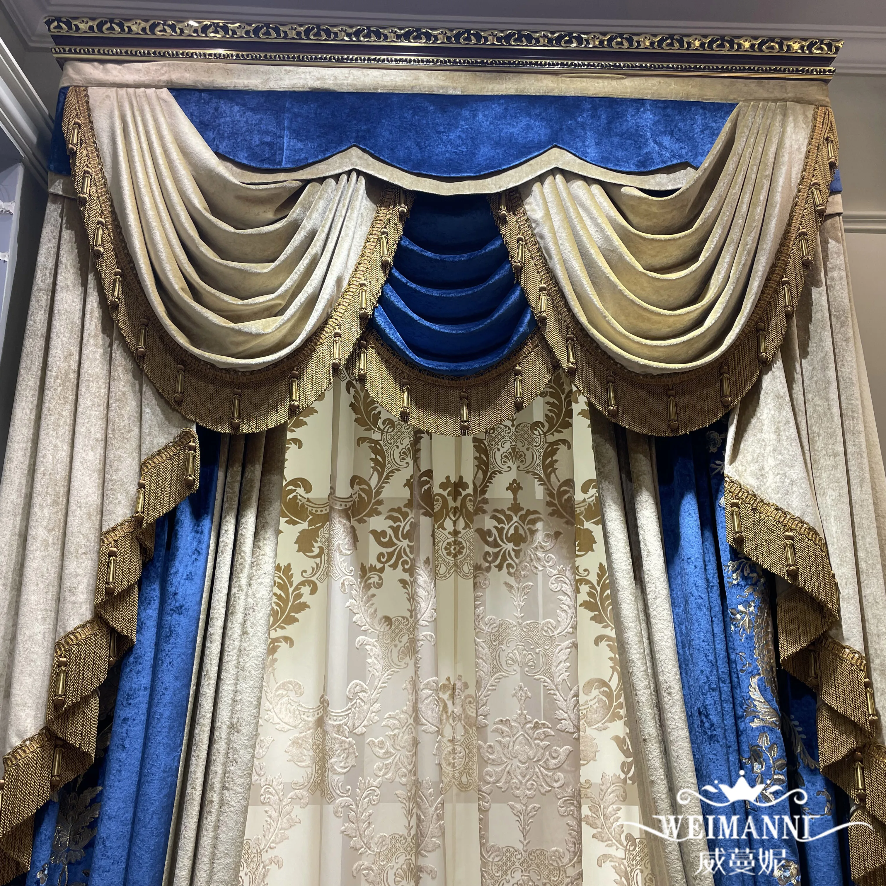 Custom Gorgeous American dark blue vintage palace velvet embroidery blue cloth valance blackout curtain tulle drape C1988