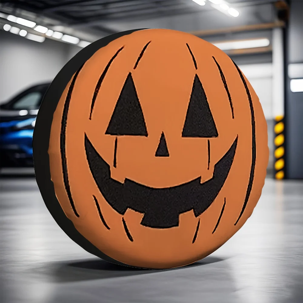 2D Flat-Printed Tire Cover Featuring a Cheerful Pumpkin Face, Made from 100% Polyester, Suitable for Use at Parties