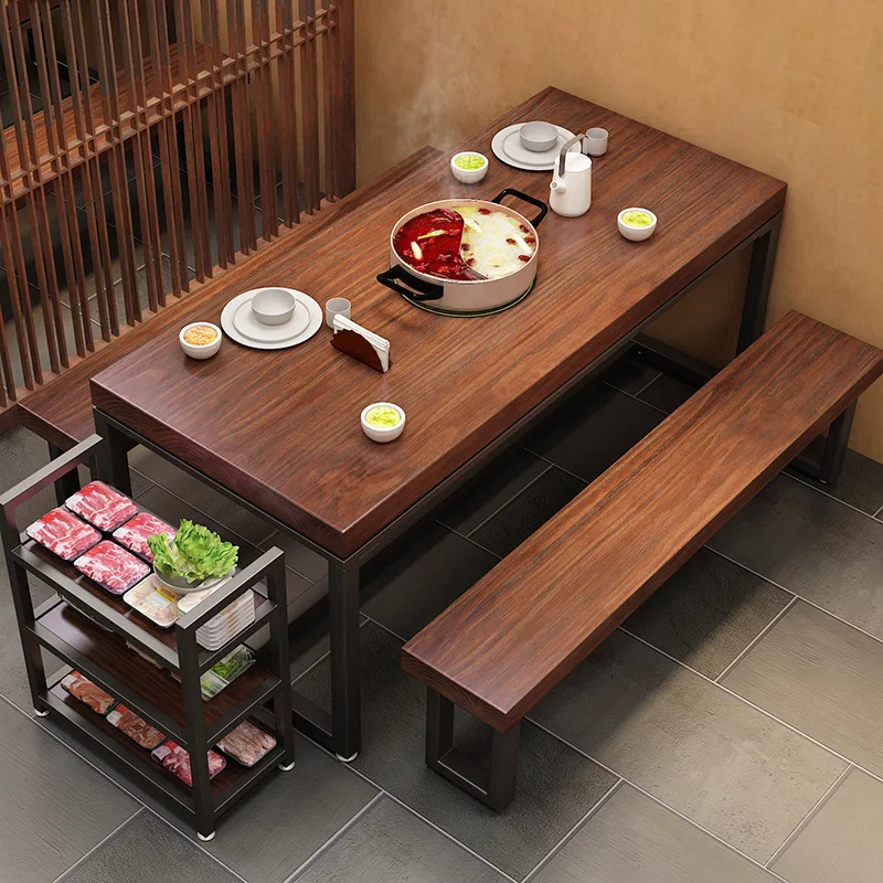 Solid wood dining table and chair combination Hot pot restaurant wrought iron barbecue table rectangular eating table