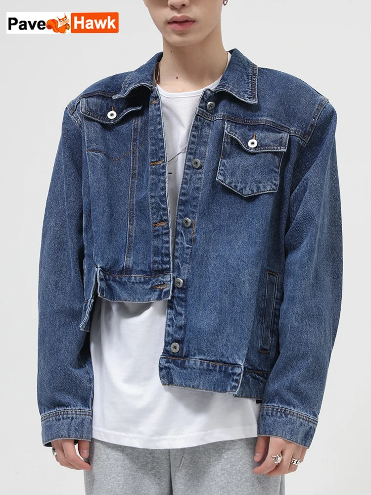 Irregular design Denim Jacket Men Women Hip Hop Loose Casual Vintage Coat Unisex Street Varsity Baseball Bomber Outwear Autumn